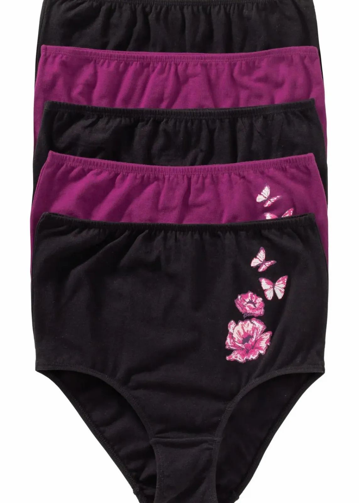 bonprix Wäsche·Baumwollunterwäsche|Wäsche·Höschen^Highwaist Slip (5er Pack) schwarz + veilchenlila bedruckt