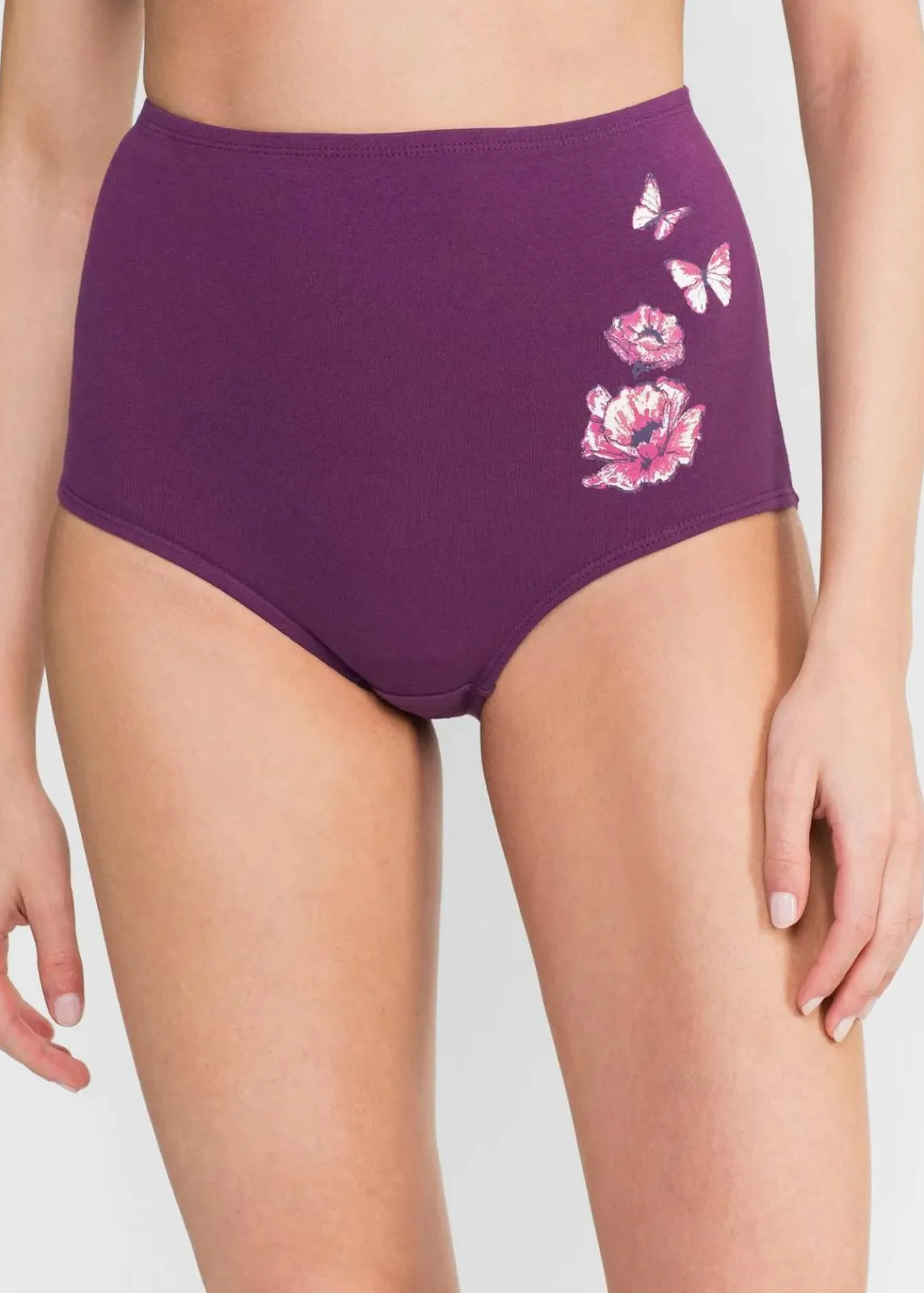 bonprix Wäsche·Baumwollunterwäsche|Wäsche·Höschen^Highwaist Slip (5er Pack) schwarz + veilchenlila bedruckt