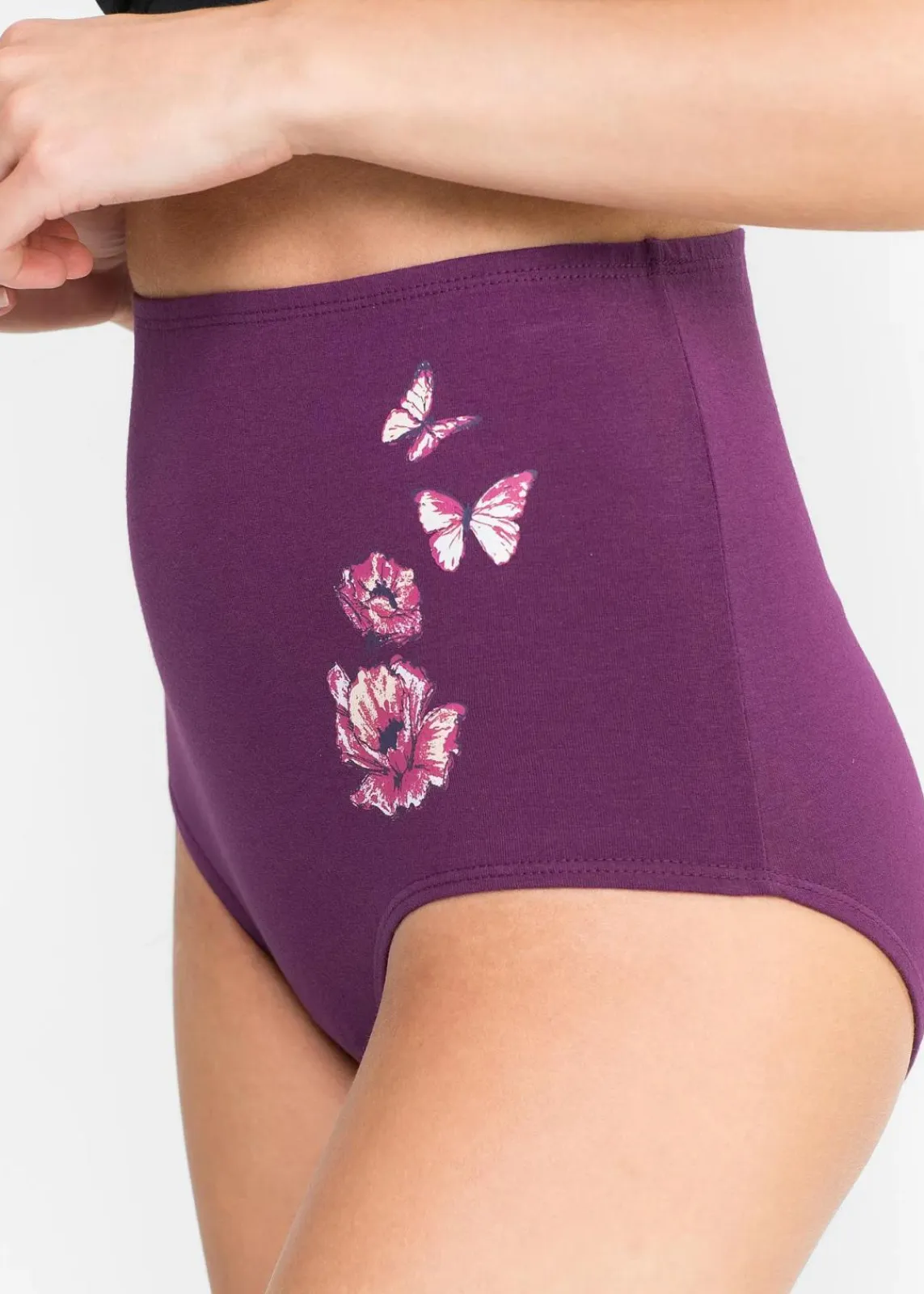 bonprix Wäsche·Baumwollunterwäsche|Wäsche·Höschen^Highwaist Slip (5er Pack) schwarz + veilchenlila bedruckt