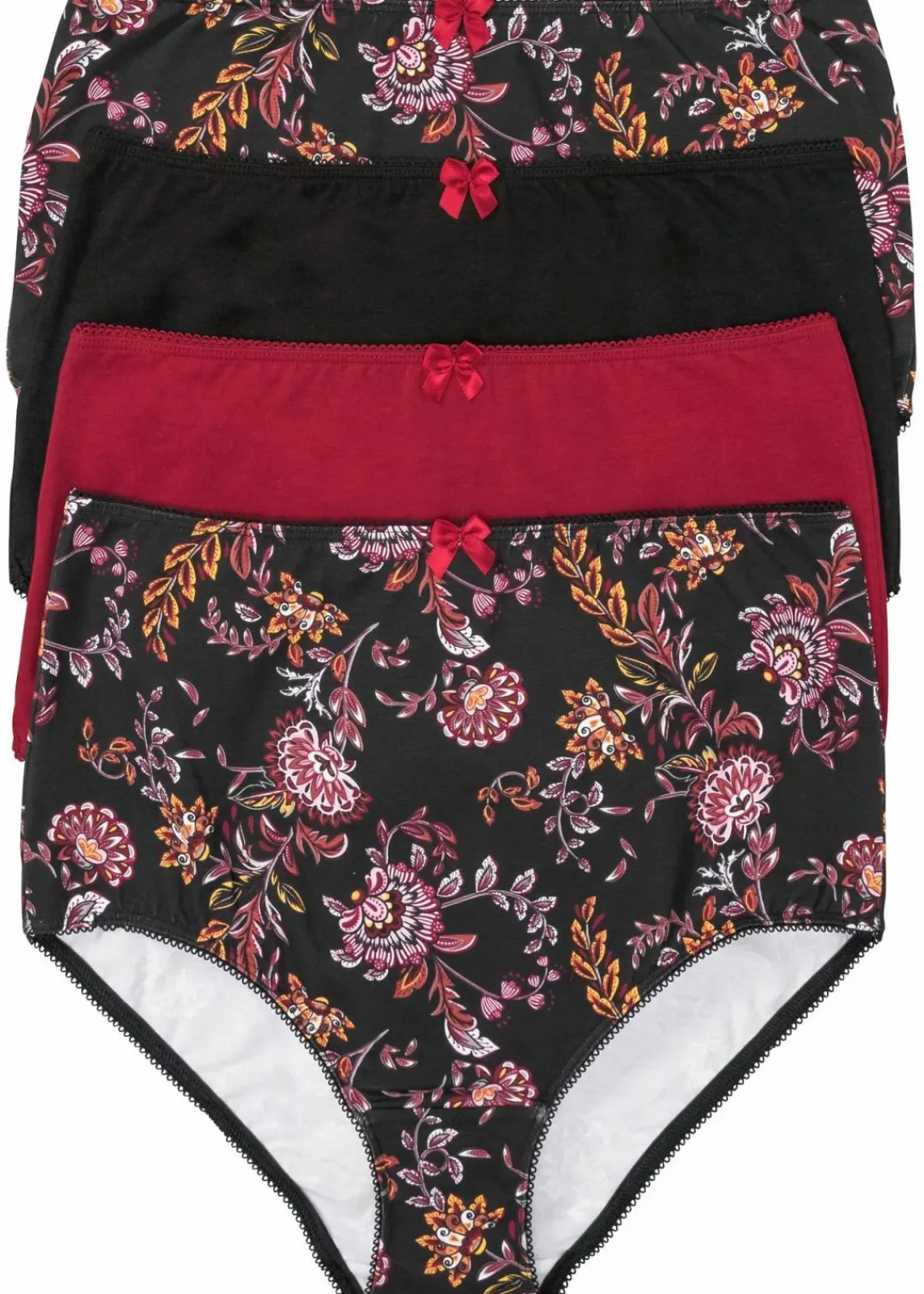 bonprix Wäsche·Baumwollunterwäsche|Wäsche·Höschen^Highwaist Slip mit Baumwolle (4er Pack) schwarz geblümt + schwarz + dunkelrot