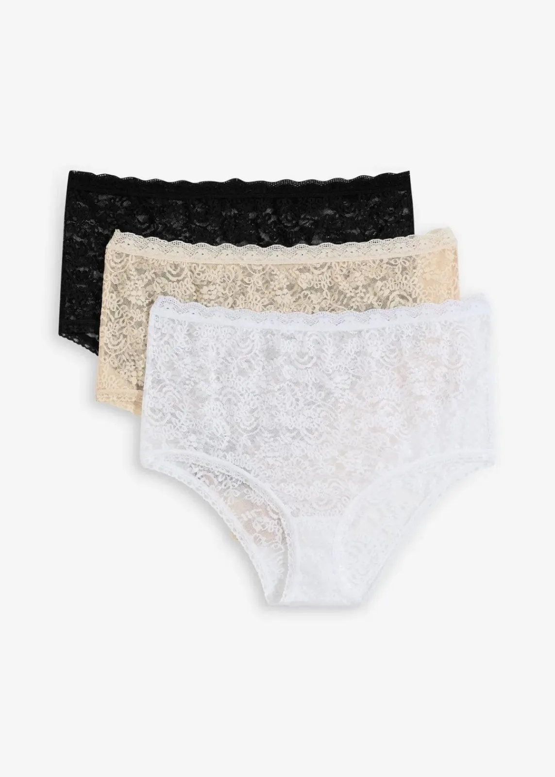 bonprix Nachhaltigere Materialien|Höschen^Highwaist Slip aus Spitze (3er Pack) schwarz+weiß+sandbeige