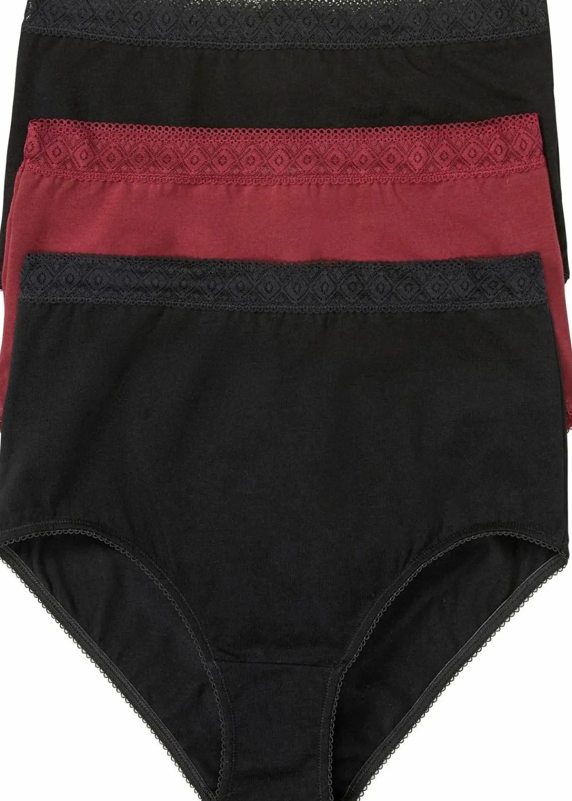 bonprix Wäsche·Basics|Wäsche·Baumwollunterwäsche^Highwaist Slip mit Baumwolle (3er Pack) schwarz + ahornrot