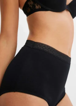 bonprix Wäsche·Basics|Wäsche·Baumwollunterwäsche^Highwaist Slip mit Baumwolle (3er Pack) schwarz + ahornrot