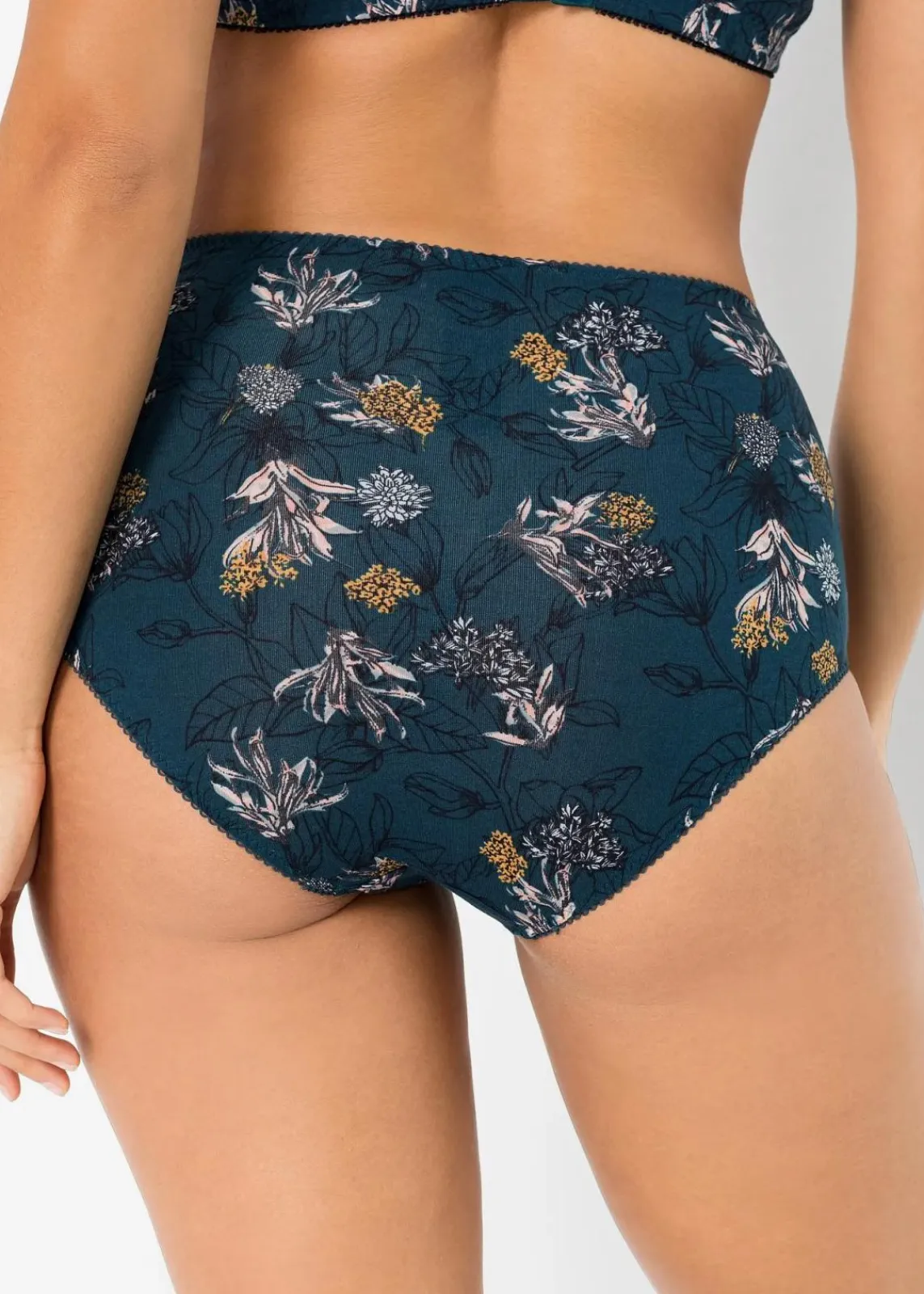 bonprix Wäsche·Baumwollunterwäsche|Wäsche·Höschen^Highwaist Slip mit Bio-Baumwolle (4er Pack) dunkelpetrol geblümt + dunkelpetrol + rauchblau