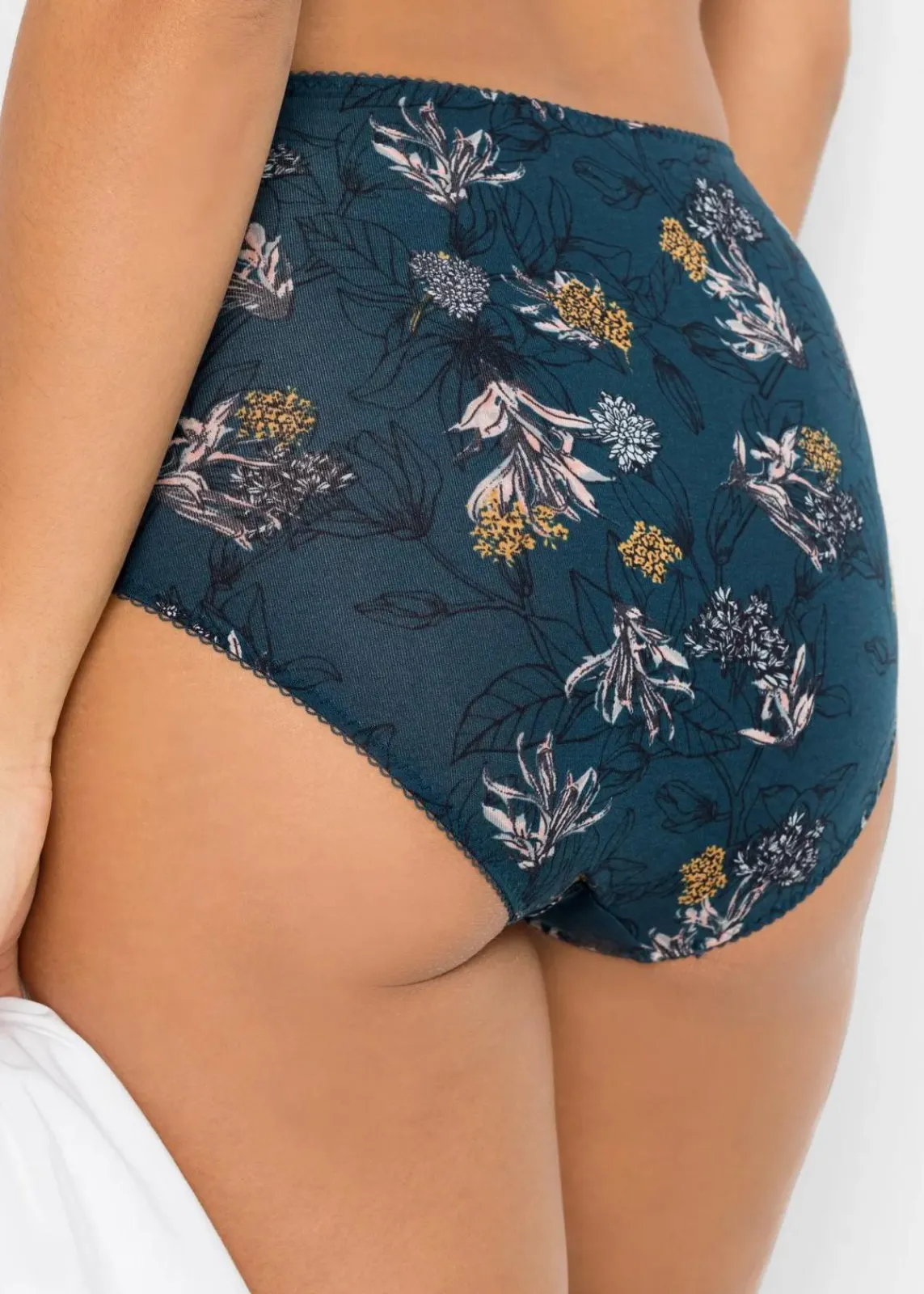 bonprix Wäsche·Baumwollunterwäsche|Wäsche·Höschen^Highwaist Slip mit Bio-Baumwolle (4er Pack) dunkelpetrol geblümt + dunkelpetrol + rauchblau