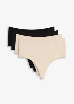 bonprix Wäsche·Baumwollunterwäsche|Wäsche·Höschen^Highwaist String mit weicher Baumwolle (4er Pack) schwarz+sandbeige