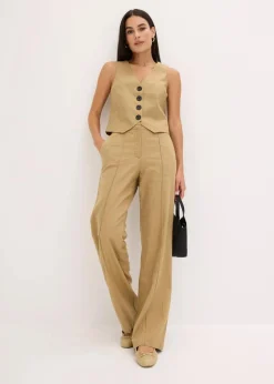 bonprix Hosen^Highwaist-Bundfaltenhose mit Leinen khakibraun