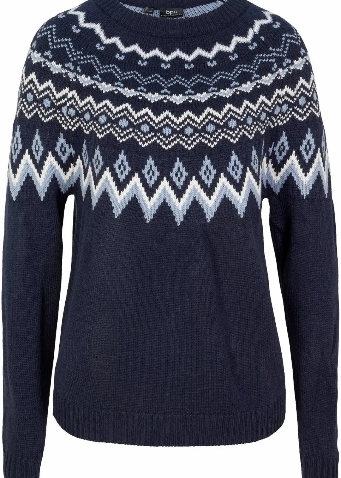 bonprix Bekleidung·Umstandsmode|Pullover & Strickjacken^Hochgeschlossener Norweger-Pullover dunkelblau graphisch