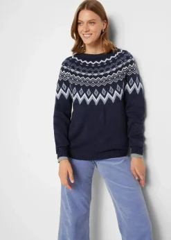 bonprix Bekleidung·Umstandsmode|Pullover & Strickjacken^Hochgeschlossener Norweger-Pullover dunkelblau graphisch