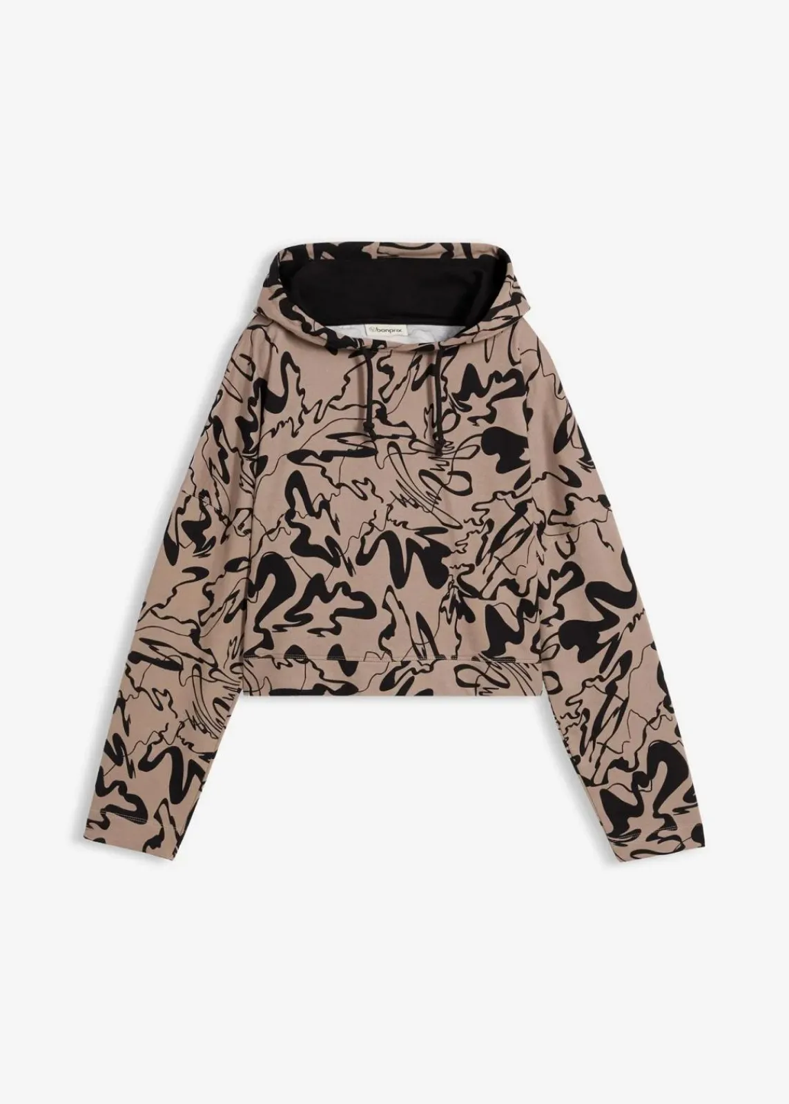 bonprix Sweat^Hoodie aus reiner Baumwolle beige/schwarz bedruckt