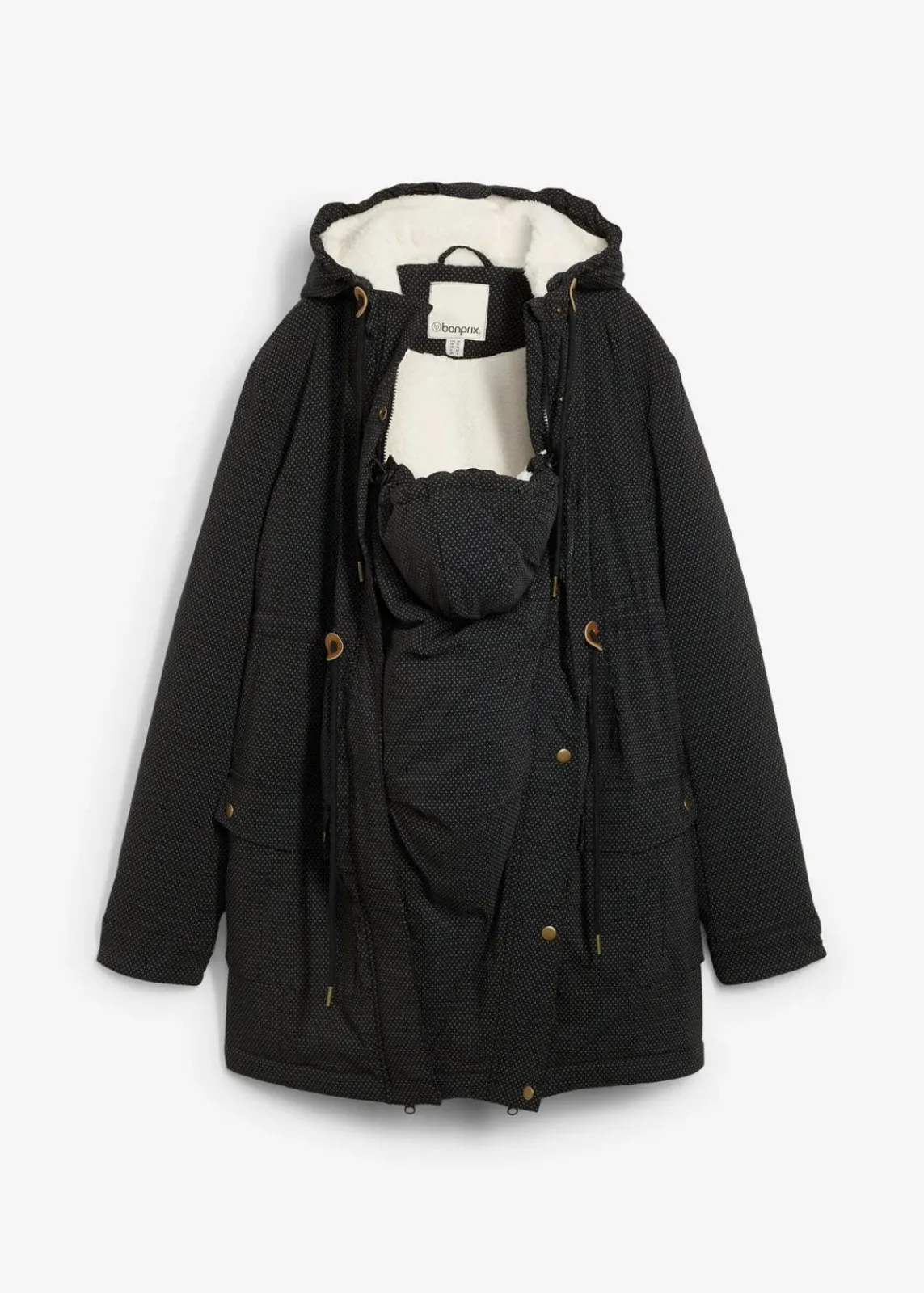 bonprix Umstandsmode|Bekleidung·Blazer^3-in-1 kuschelig gefütterte Umstands- und Tragejacke schwarz/wollweiß/dunkelgrau gepunktet