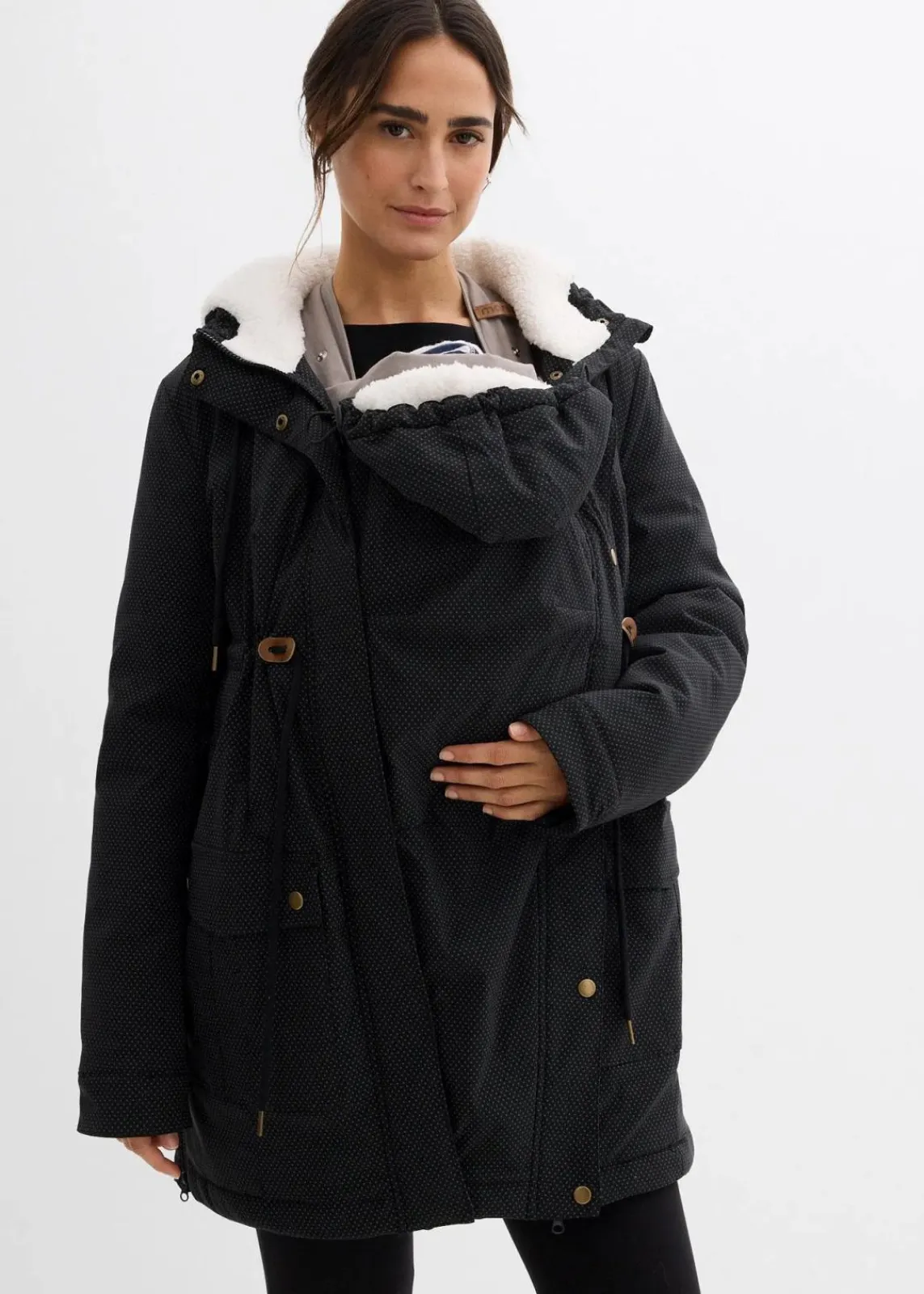 bonprix Umstandsmode|Bekleidung·Blazer^3-in-1 kuschelig gefütterte Umstands- und Tragejacke schwarz/wollweiß/dunkelgrau gepunktet