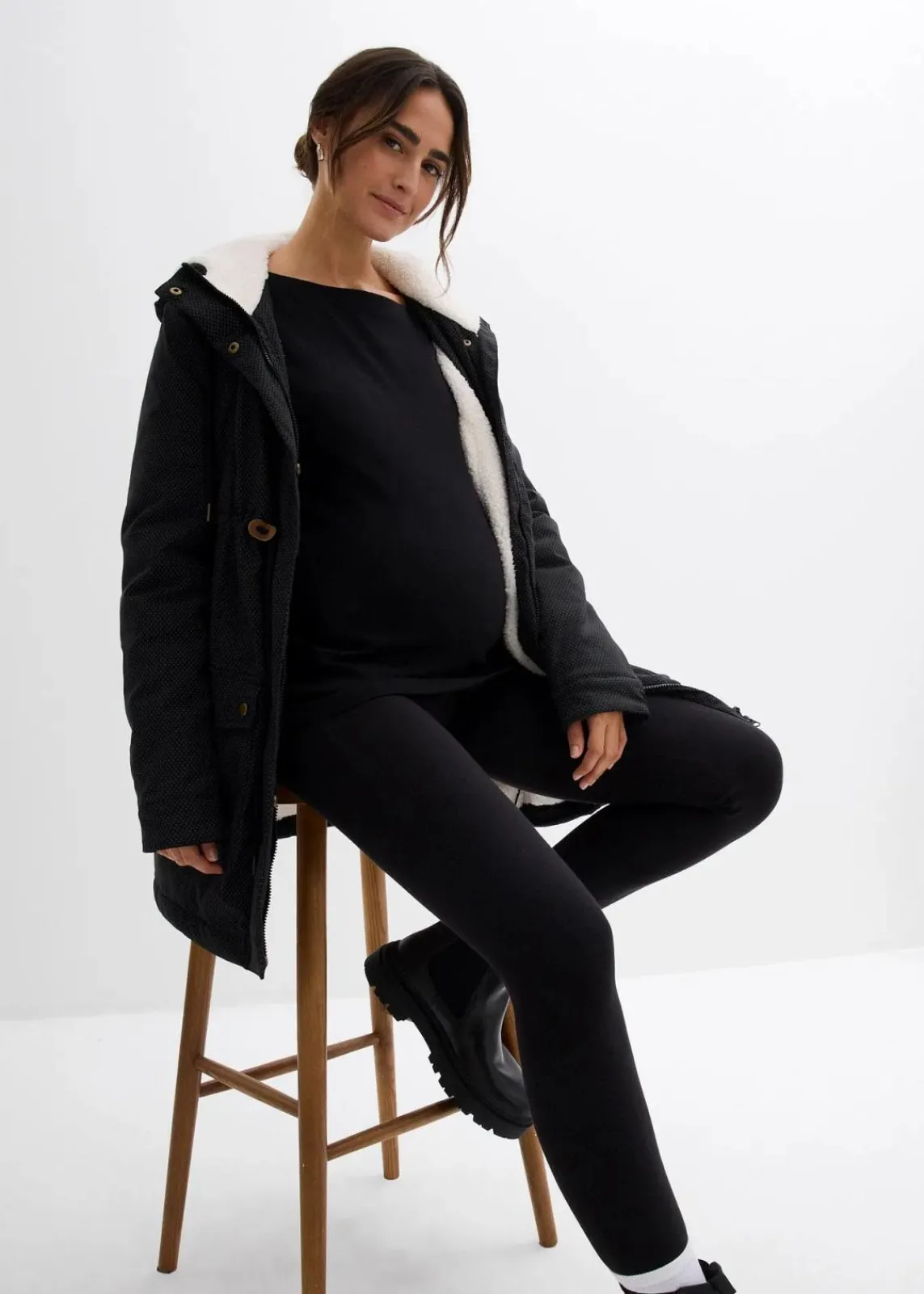 bonprix Umstandsmode|Bekleidung·Blazer^3-in-1 kuschelig gefütterte Umstands- und Tragejacke schwarz/wollweiß/dunkelgrau gepunktet