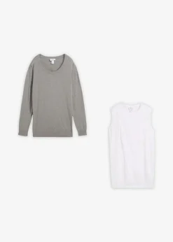 bonprix Bekleidung·Blazer|Umstandsmode^3-in-1 Set aus Umstandspullover und Stilltop aus Baumwollstrick hellgrau/weiß meliert