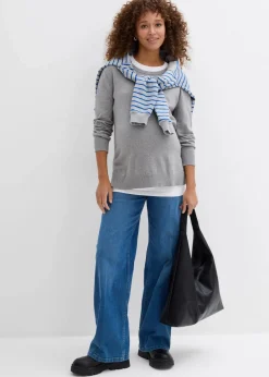 bonprix Bekleidung·Blazer|Umstandsmode^3-in-1 Set aus Umstandspullover und Stilltop aus Baumwollstrick hellgrau/weiß meliert