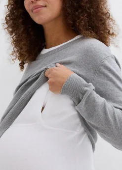 bonprix Bekleidung·Blazer|Umstandsmode^3-in-1 Set aus Umstandspullover und Stilltop aus Baumwollstrick hellgrau/weiß meliert