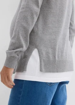 bonprix Bekleidung·Blazer|Umstandsmode^3-in-1 Set aus Umstandspullover und Stilltop aus Baumwollstrick hellgrau/weiß meliert