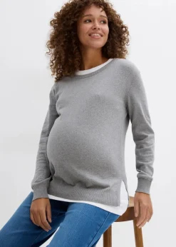 bonprix Bekleidung·Blazer|Umstandsmode^3-in-1 Set aus Umstandspullover und Stilltop aus Baumwollstrick hellgrau/weiß meliert