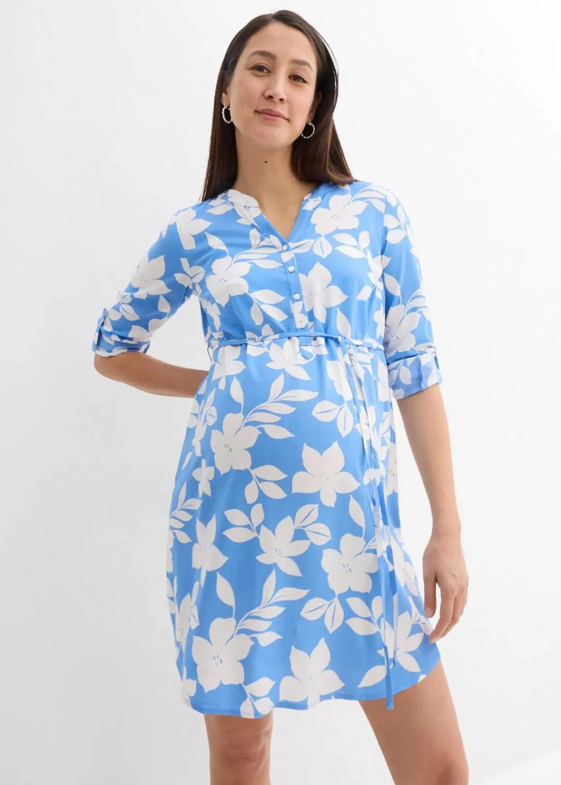 bonprix Umstandsmode^2-in-1 Umstands- und Stillblusenkleid aus fließender Viskose weiß/mittelblau geblümt
