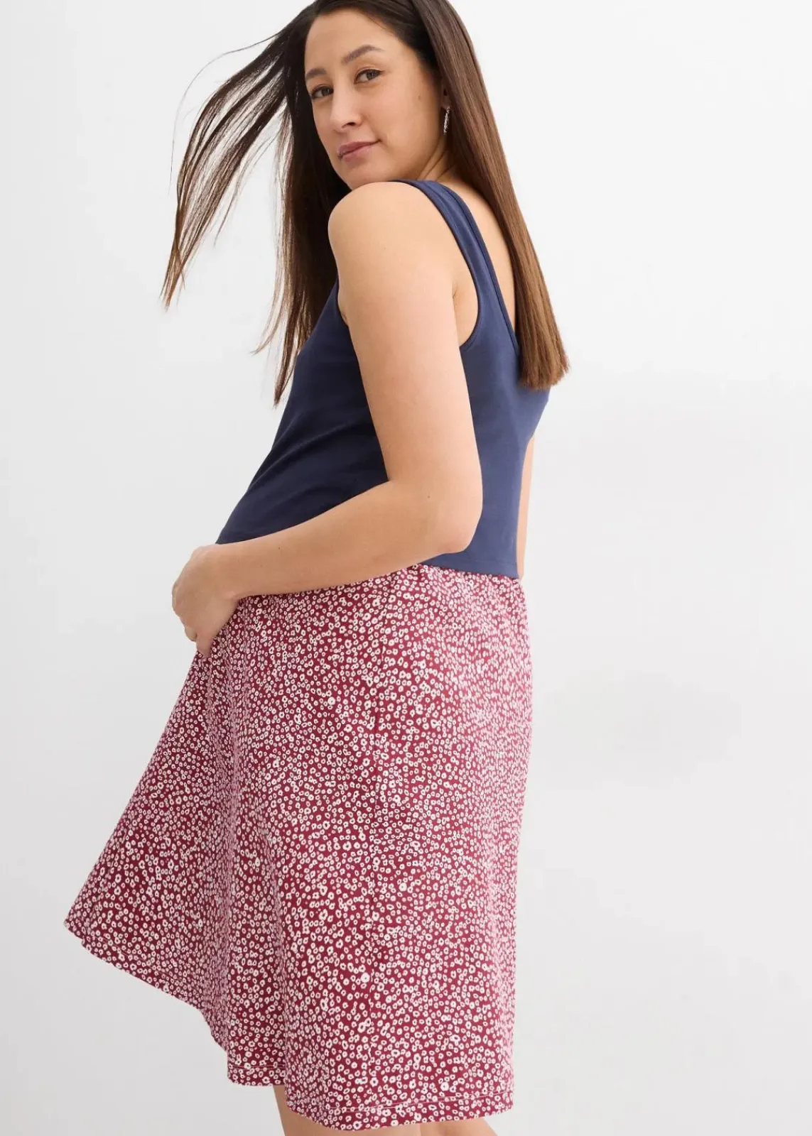 bonprix Bekleidung·Blazer|Umstandsmode^2-in-1 Umstands- und Stillkleid aus Bio-Baumwolljersey dunkelblau/rotbraun geblümt