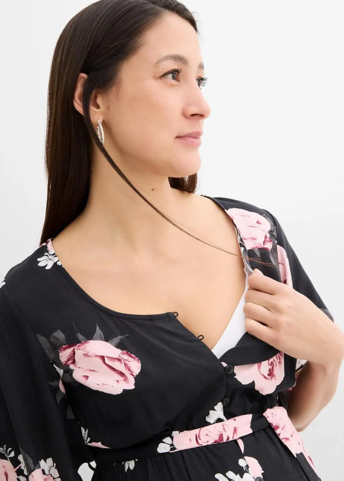 bonprix Umstandsmode^2-in-1 Umstands- und Stillkleid aus gewebter Viskose schwarz/altrosa geblümt