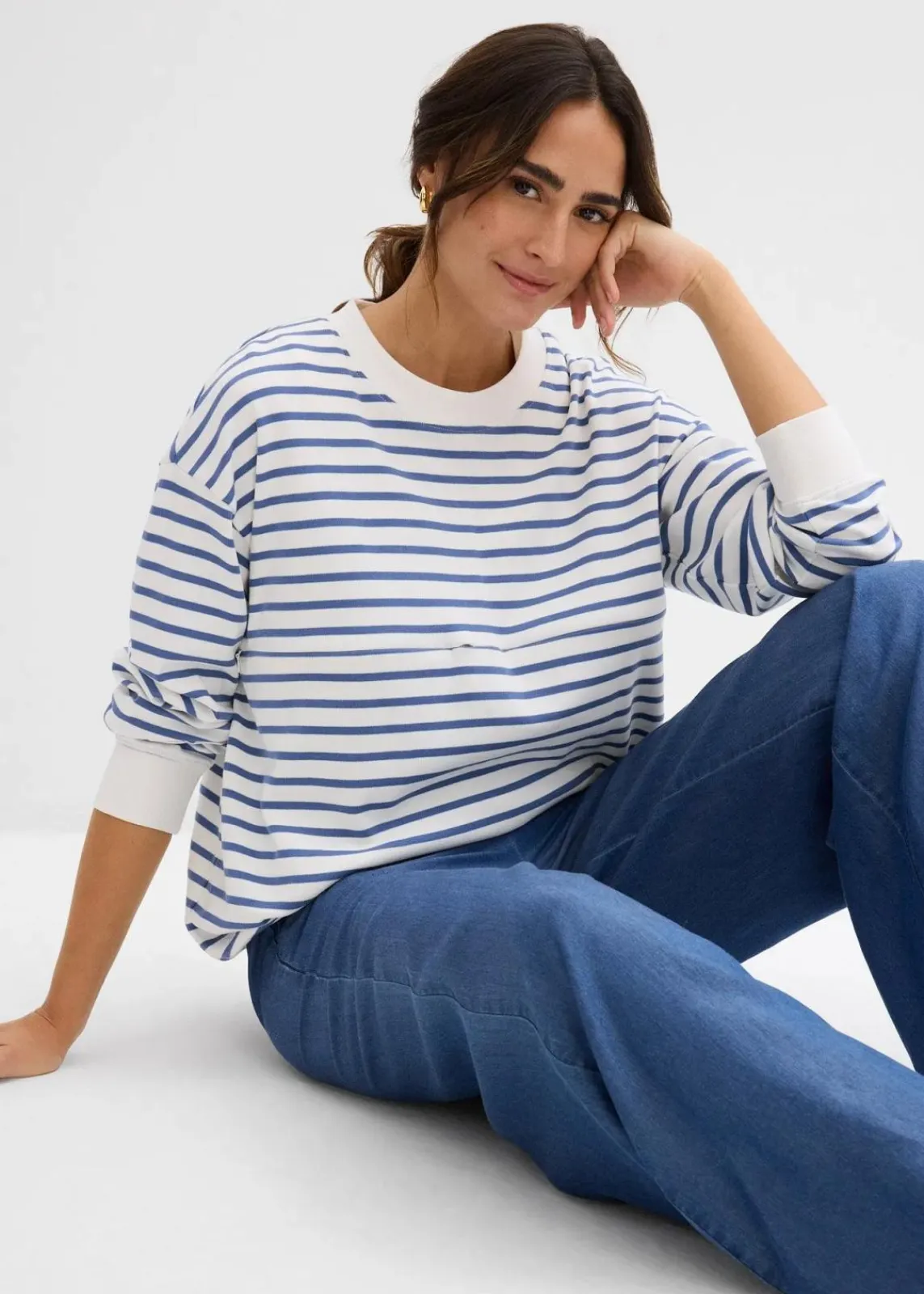 bonprix Bekleidung·Blazer|Umstandsmode^2-in-1 Umstands- und Stillshirt aus reiner Baumwolle wollweiß/jeansblau gestreift