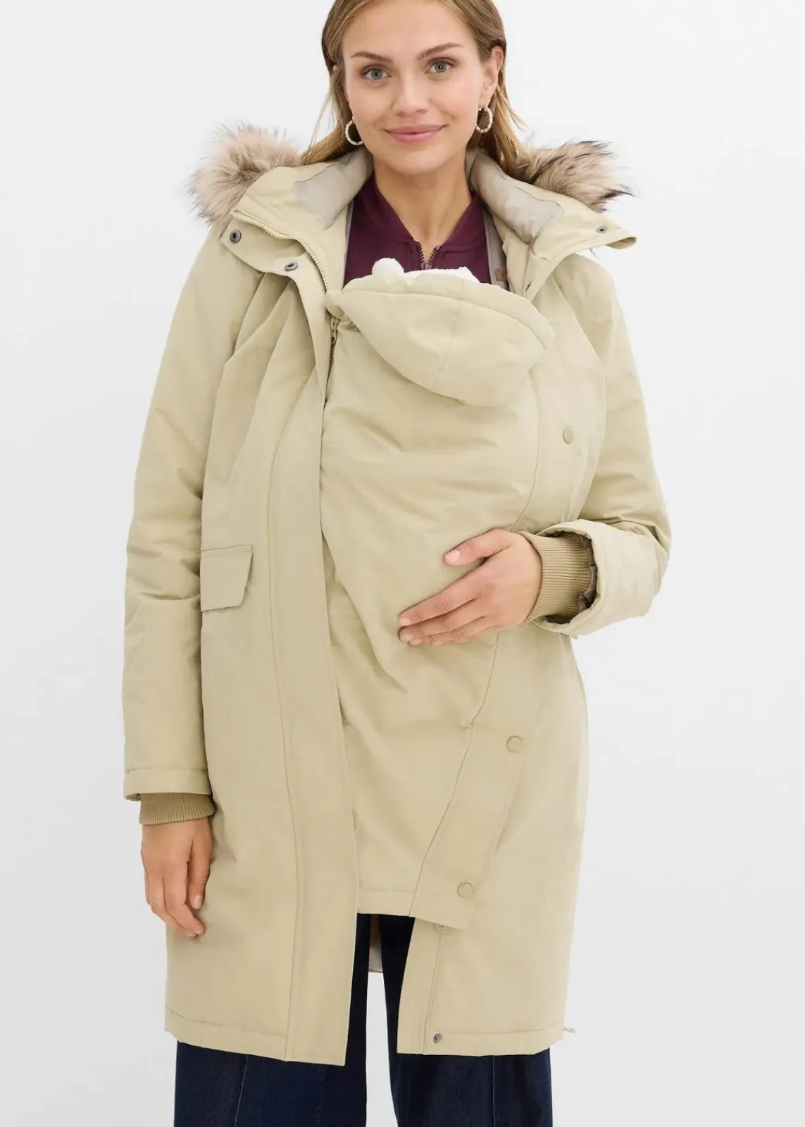 bonprix Umstandsmode|Nachhaltigere Materialien^3-in-1 wind-und wasserdichter Umstandsmantel mit Trageeinsatz rauchkhaki