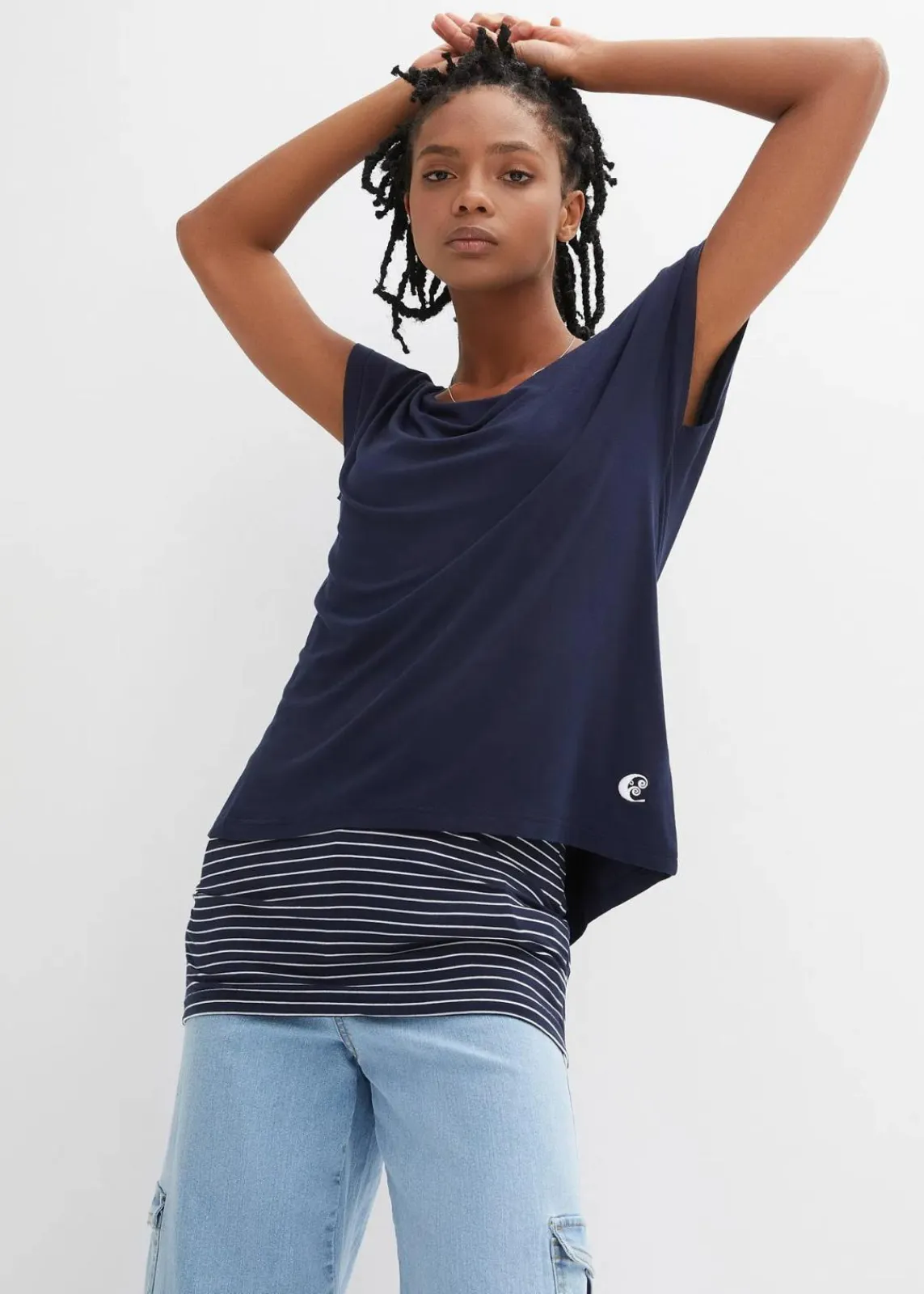 bonprix Nachhaltigere Materialien|Shirts & Tops^2-in-1-Shirt dunkelblau/weiß geringelt