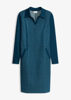 bonprix Bekleidung·Pullover & Strickjacken|Kleider^Jacquard Kleid mit Kontrastkragen blaupetrol/perlweiß kariert