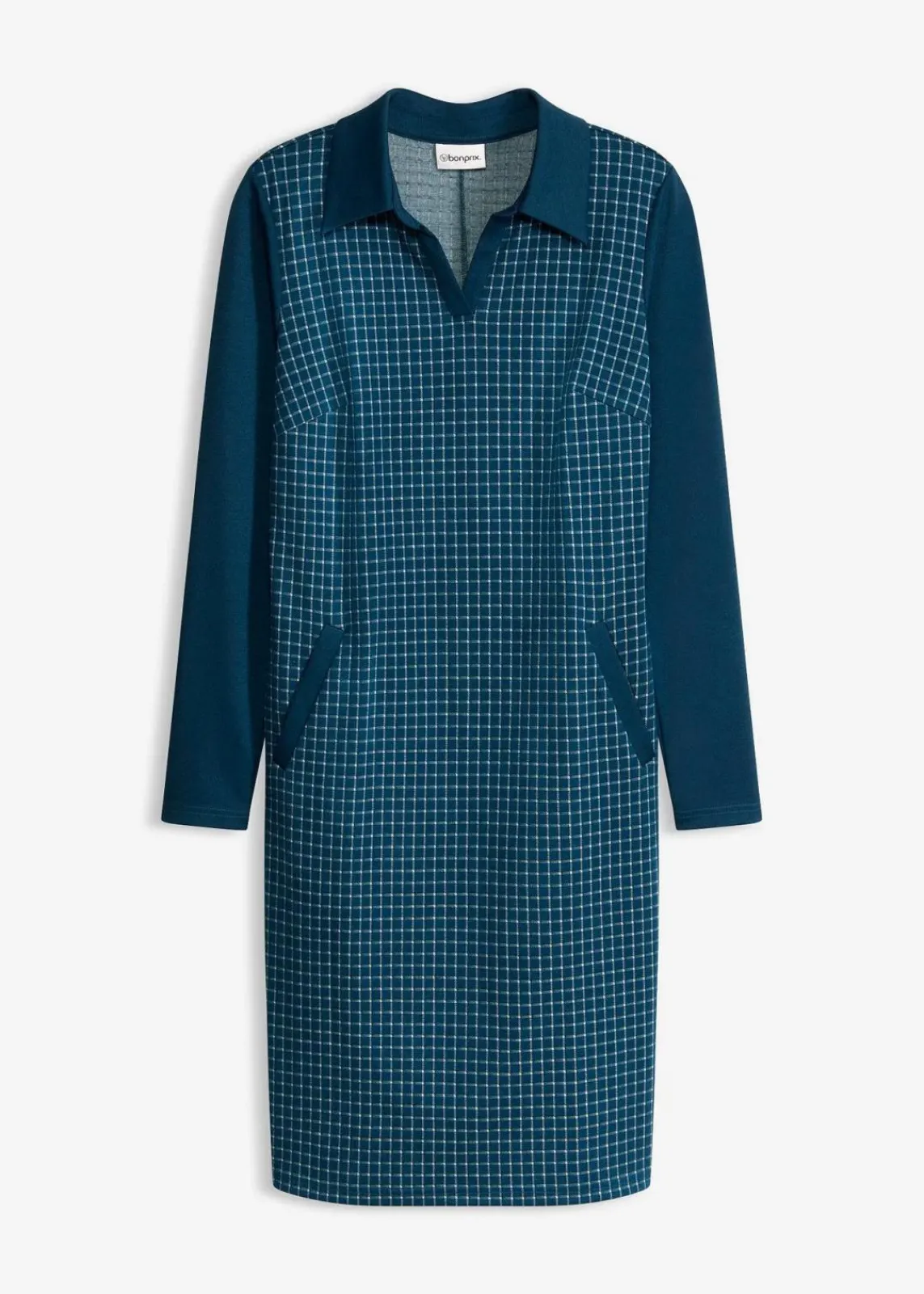 bonprix Bekleidung·Pullover & Strickjacken|Kleider^Jacquard Kleid mit Kontrastkragen blaupetrol/perlweiß kariert