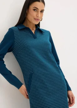 bonprix Bekleidung·Pullover & Strickjacken|Kleider^Jacquard Kleid mit Kontrastkragen blaupetrol/perlweiß kariert
