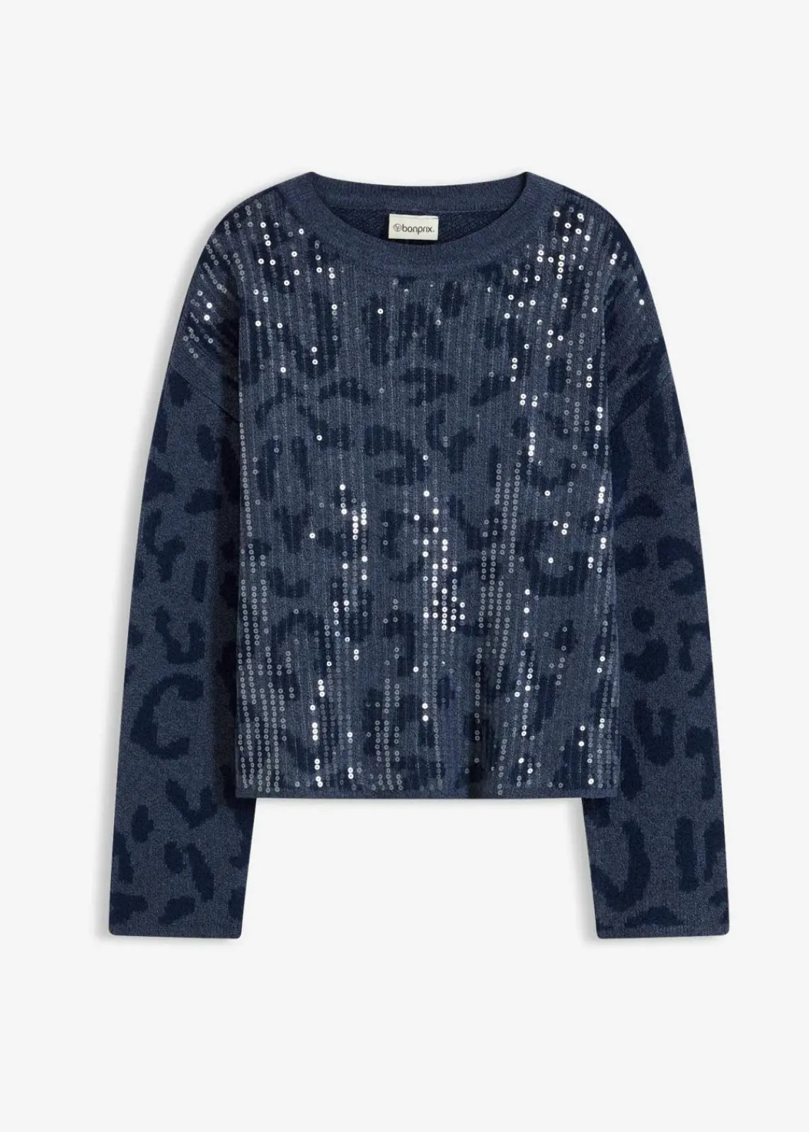 bonprix Bekleidung·Umstandsmode|Strickmode^Jacquard Oversize Pullover mit Pailletten indigo/dunkelblau leo