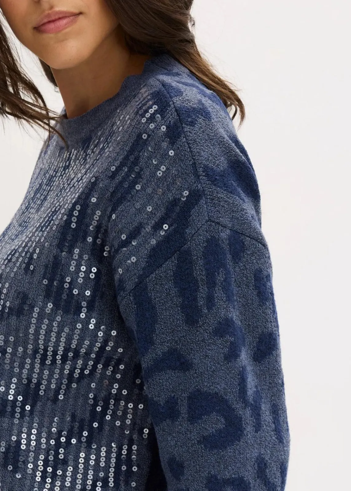 bonprix Bekleidung·Umstandsmode|Strickmode^Jacquard Oversize Pullover mit Pailletten indigo/dunkelblau leo