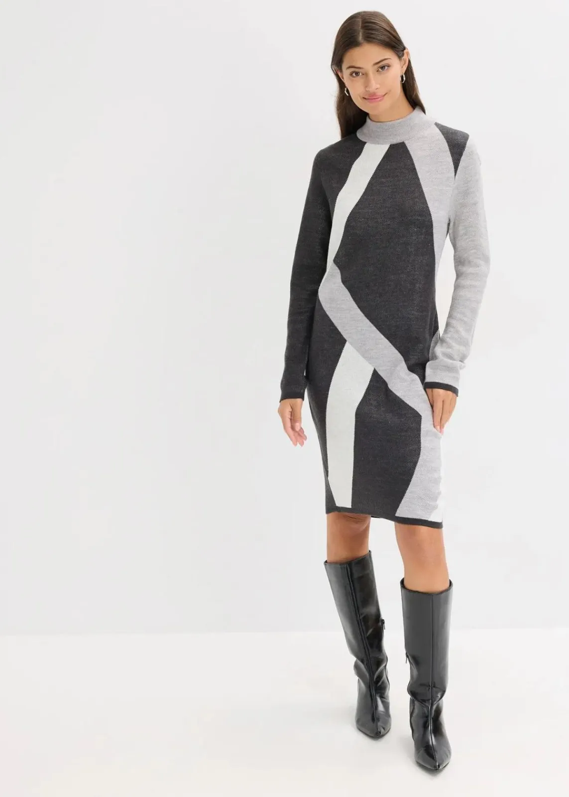 bonprix Bekleidung·Umstandsmode|Bekleidung·Pullover & Strickjacken^Jacquard-Strickkleid mit modernen Streifen anthrazit meliert/hellgrau meliert/wollweiß