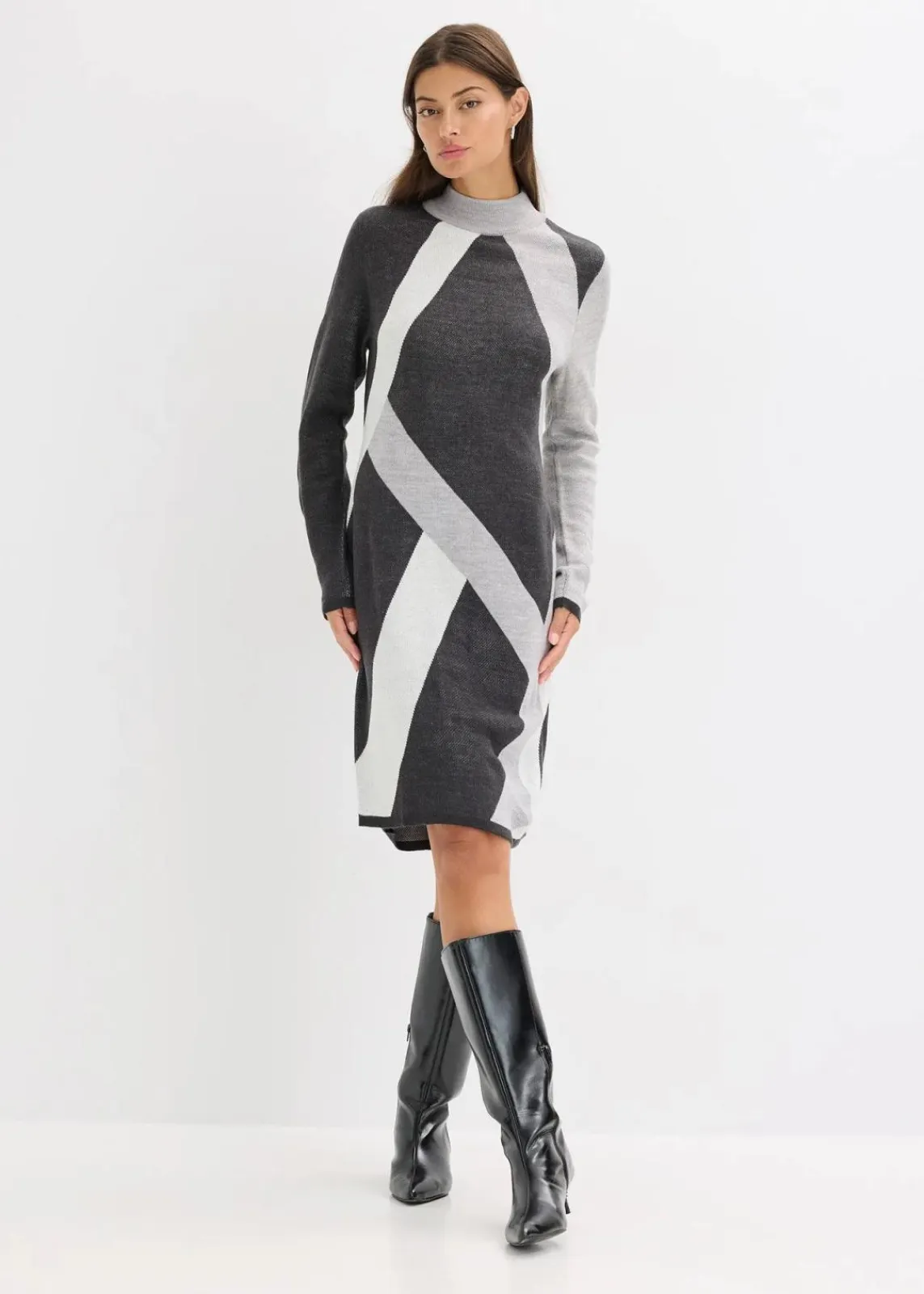 bonprix Bekleidung·Umstandsmode|Bekleidung·Pullover & Strickjacken^Jacquard-Strickkleid mit modernen Streifen anthrazit meliert/hellgrau meliert/wollweiß