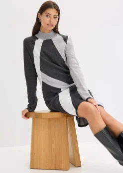 bonprix Bekleidung·Umstandsmode|Bekleidung·Pullover & Strickjacken^Jacquard-Strickkleid mit modernen Streifen anthrazit meliert/hellgrau meliert/wollweiß