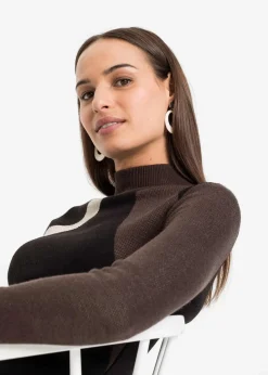 bonprix Strickmode|Bekleidung·Pullover & Strickjacken^Jacquard-Strickkleid mit modernen Streifen schwarz/braun graphisch