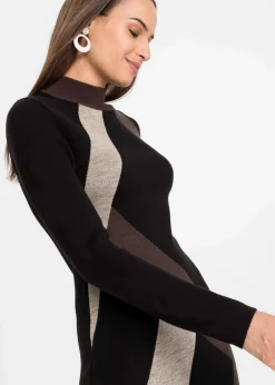 bonprix Strickmode|Bekleidung·Pullover & Strickjacken^Jacquard-Strickkleid mit modernen Streifen schwarz/braun graphisch