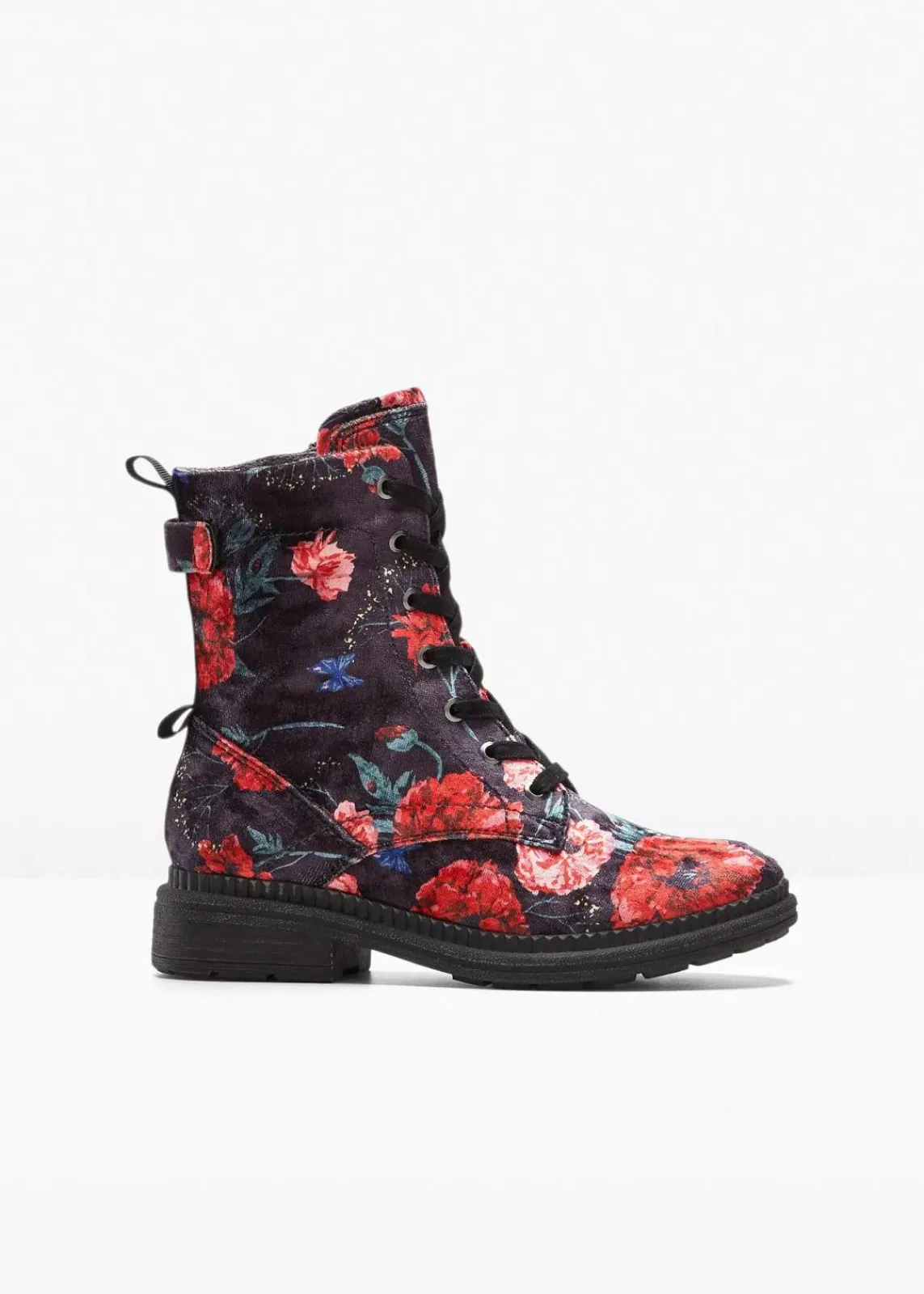 Jana High Heels|Komfortschuhe^Schnürboots in bequemer Weite schwarz/rot geblümt