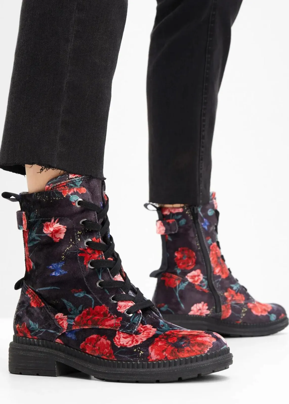 Jana High Heels|Komfortschuhe^Schnürboots in bequemer Weite schwarz/rot geblümt