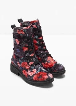 Jana High Heels|Komfortschuhe^Schnürboots in bequemer Weite schwarz/rot geblümt