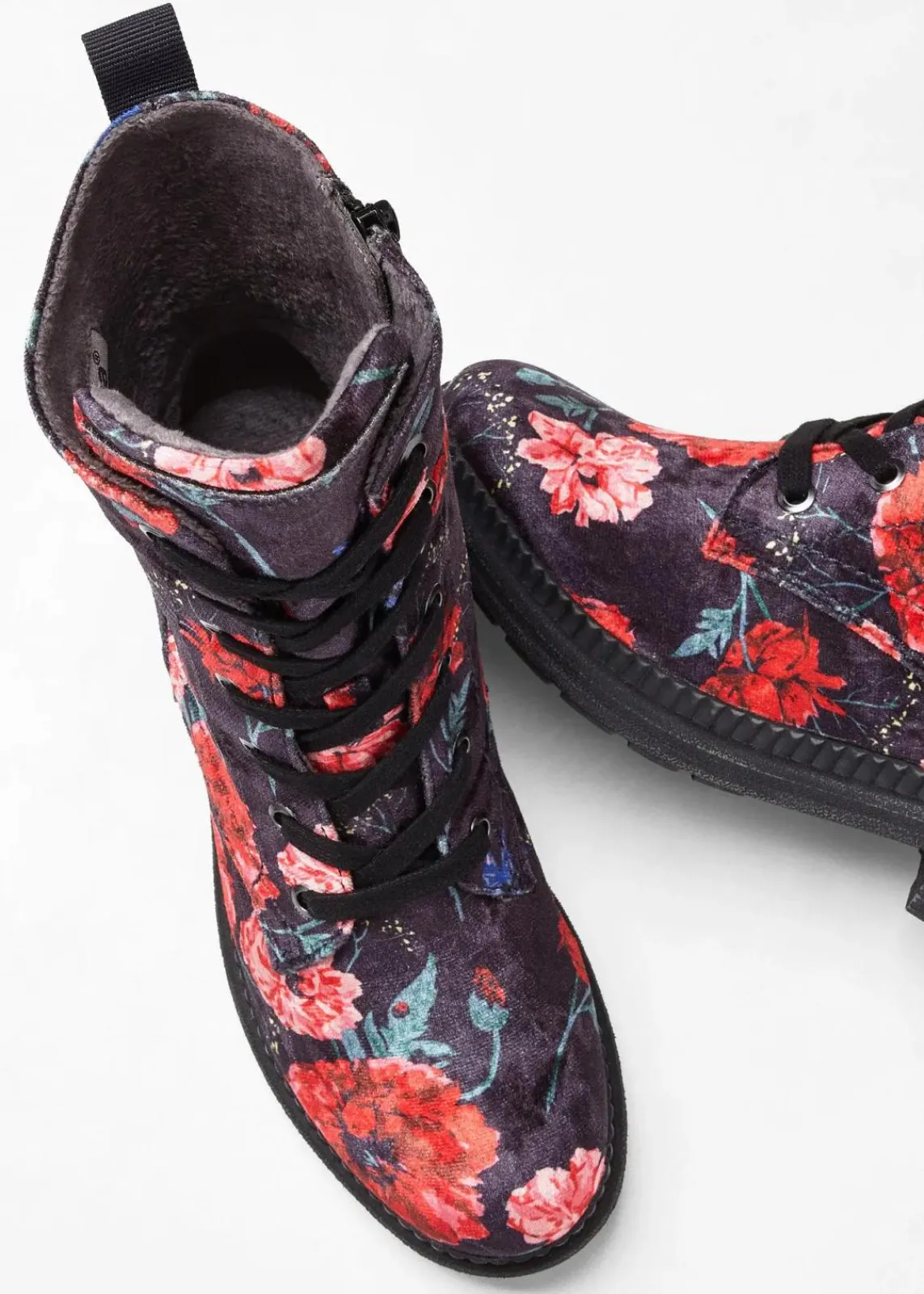 Jana High Heels|Komfortschuhe^Schnürboots in bequemer Weite schwarz/rot geblümt
