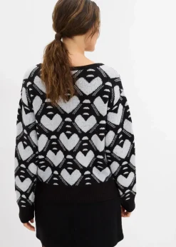 bonprix Bekleidung·Umstandsmode|Strickmode^Jaquard Feinstrickpullover schwarz/weiß herzen