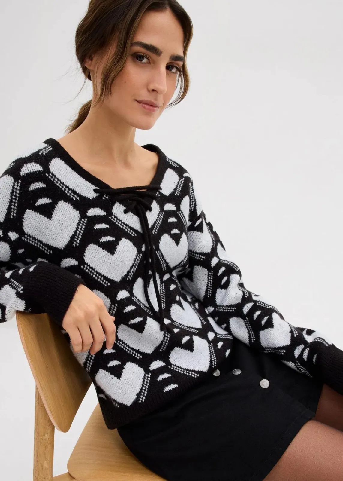 bonprix Bekleidung·Umstandsmode|Strickmode^Jaquard Feinstrickpullover schwarz/weiß herzen