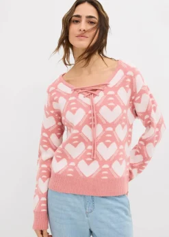 bonprix Bekleidung·Umstandsmode|Strickmode^Jaquard Feinstrickpullover rosa/weiß herzen