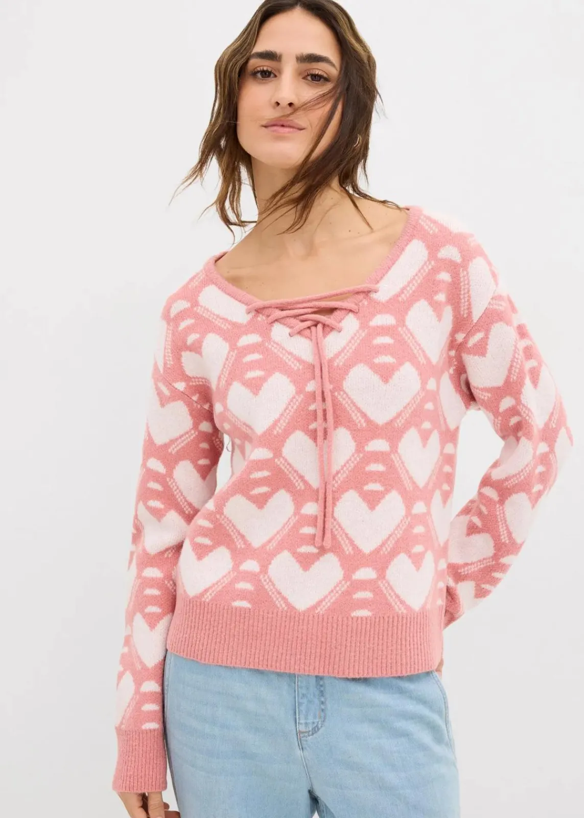 bonprix Bekleidung·Umstandsmode|Strickmode^Jaquard Feinstrickpullover rosa/weiß herzen