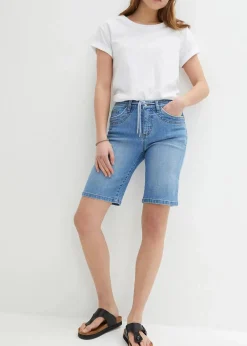 bonprix Bekleidung·Outdoorbekleidung|Bekleidung·Shirts & Tops^Jeans Bermuda Slim Fit Mid Waist mittelblau denim used