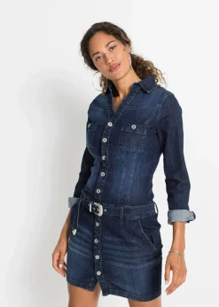 bonprix Kleider^Jeans Kleid mit Gürtel tiefblau denim ungewaschen