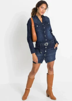 bonprix Kleider^Jeans Kleid mit Gürtel tiefblau denim ungewaschen