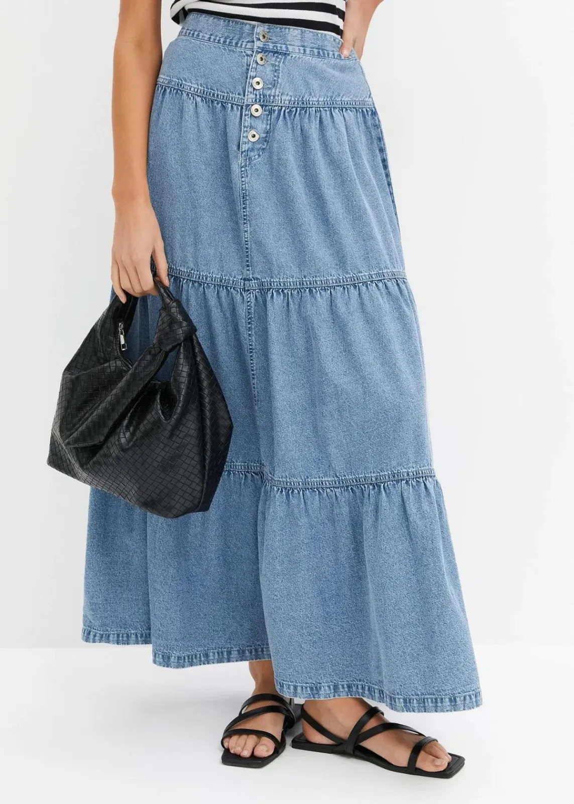 bonprix Bekleidung·Sportbekleidung|Röcke^Jeans Stufenrock mit Knopfleiste eisblau denim